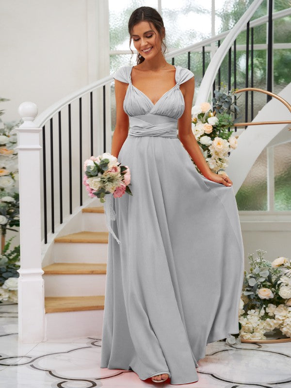A-Line/Princess Jersey Ruched V-neck Sleeveless Floor-Length Bridesmaid Dresses Evening Dress