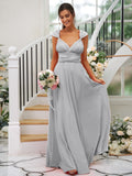 A-Line/Princess Jersey Ruched V-neck Sleeveless Floor-Length Bridesmaid Dresses Evening Dress