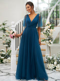 A-Line/Princess Tulle Ruffles V-neck Short Sleeves Floor-Length Bridesmaid Dresses Evening Prom Dress