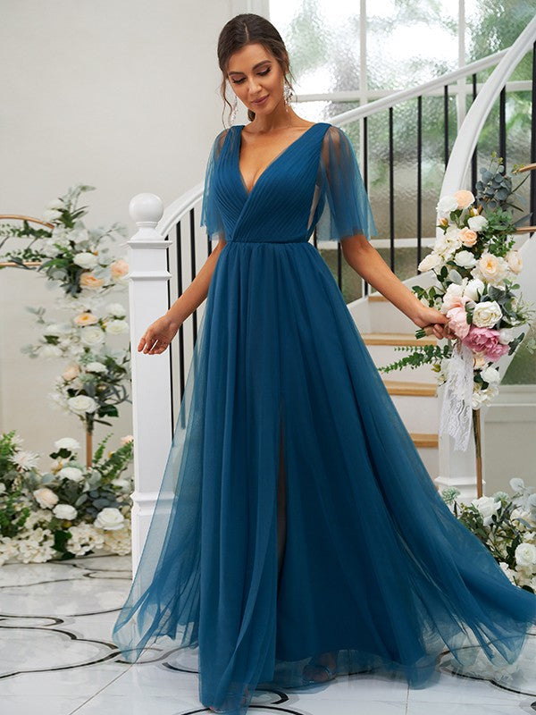 A-Line/Princess Tulle Ruffles V-neck Short Sleeves Floor-Length Bridesmaid Dresses Evening Prom Dress
