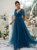 A-Line/Princess Tulle Ruffles V-neck Short Sleeves Floor-Length Bridesmaid Dresses Evening Prom Dress