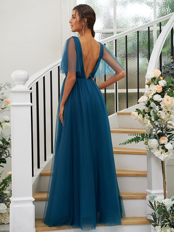 A-Line/Princess Tulle Ruffles V-neck Short Sleeves Floor-Length Bridesmaid Dresses Evening Prom Dress