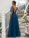 A-Line/Princess Tulle Ruffles V-neck Short Sleeves Floor-Length Bridesmaid Dresses Evening Prom Dress