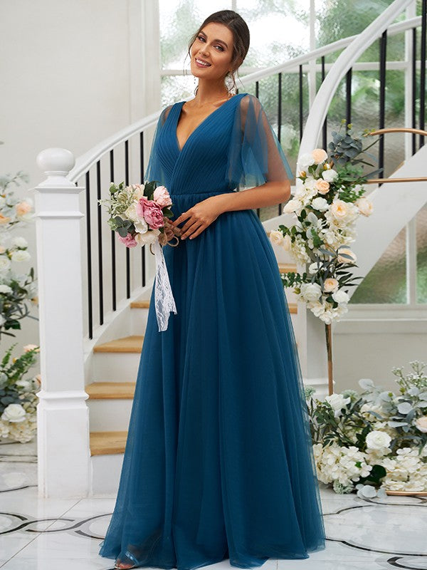 A-Line/Princess Tulle Ruffles V-neck Short Sleeves Floor-Length Bridesmaid Dresses Evening Prom Dress