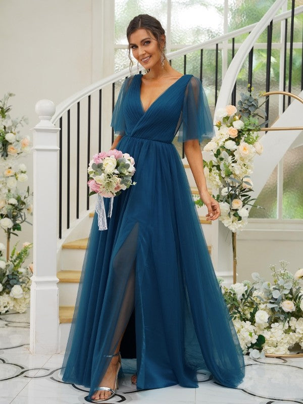 A-Line/Princess Tulle Ruffles V-neck Short Sleeves Floor-Length Bridesmaid Dresses Evening Prom Dress