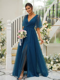 A-Line/Princess Tulle Ruffles V-neck Short Sleeves Floor-Length Bridesmaid Dresses Evening Prom Dress