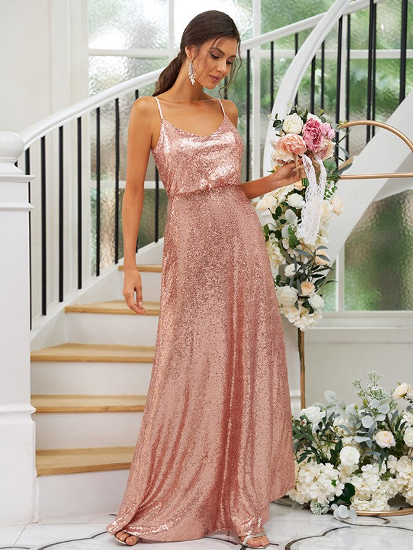 A-Line/Princess Sequins Ruched Straps Sleeveless Floor-Length Bridesmaid Dresses Evening Prom Dress