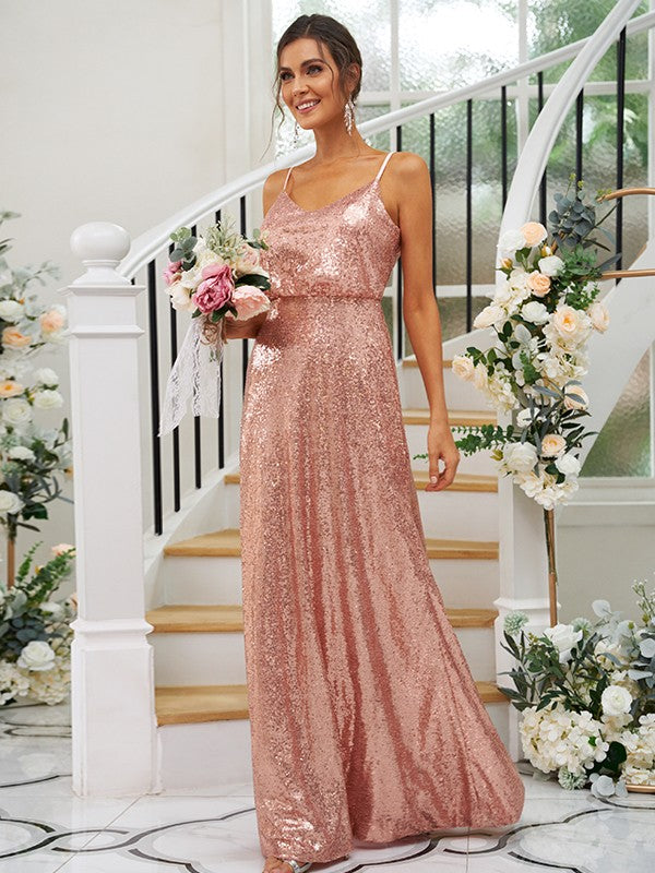 A-Line/Princess Sequins Ruched Straps Sleeveless Floor-Length Bridesmaid Dresses Evening Prom Dress