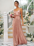 A-Line/Princess Sequins Ruched Straps Sleeveless Floor-Length Bridesmaid Dresses Evening Prom Dress