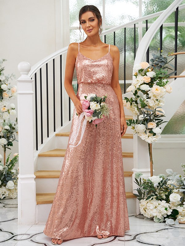 A-Line/Princess Sequins Ruched Straps Sleeveless Floor-Length Bridesmaid Dresses Evening Prom Dress
