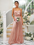 A-Line/Princess Sequins Ruched Straps Sleeveless Floor-Length Bridesmaid Dresses Evening Prom Dress