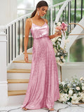 A-Line/Princess Sequins Ruched Straps Sleeveless Floor-Length Bridesmaid Dresses Evening Prom Dress