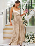 A-Line/Princess Sequins Ruched Straps Sleeveless Floor-Length Bridesmaid Dresses Evening Prom Dress