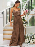 A-Line/Princess Sequins Ruched Straps Sleeveless Floor-Length Bridesmaid Dresses Evening Prom Dress