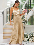 A-Line/Princess Sequins Ruched Straps Sleeveless Floor-Length Bridesmaid Dresses Evening Prom Dress