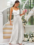 A-Line/Princess Sequins Ruched Straps Sleeveless Floor-Length Bridesmaid Dresses Evening Prom Dress