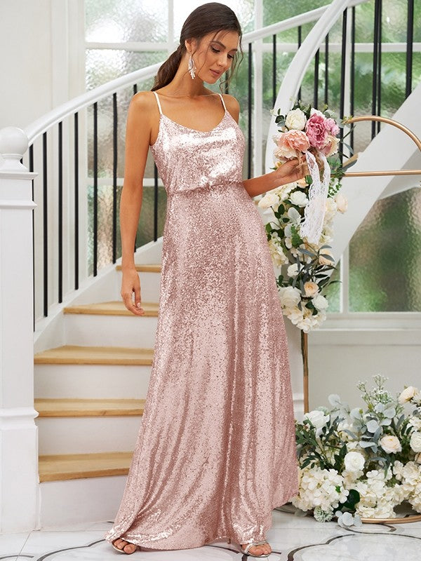 A-Line/Princess Sequins Ruched Straps Sleeveless Floor-Length Bridesmaid Dresses Evening Prom Dress