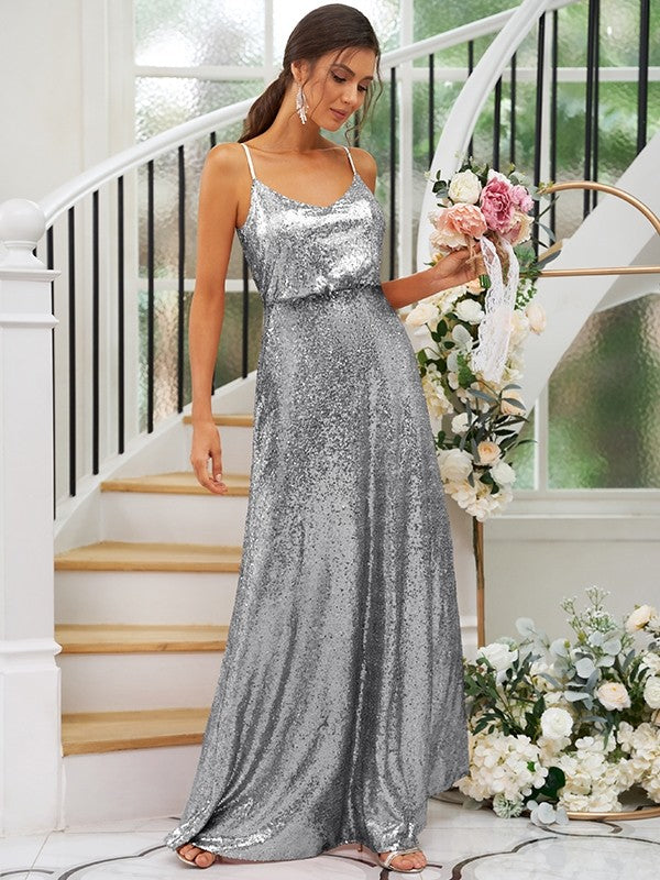 A-Line/Princess Sequins Ruched Straps Sleeveless Floor-Length Bridesmaid Dresses Evening Prom Dress