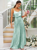 A-Line/Princess Sequins Ruched Straps Sleeveless Floor-Length Bridesmaid Dresses Evening Prom Dress