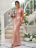 Sheath/Column Sequins Ruched Scoop Short Sleeves Floor-Length Bridesmaid Dresses Evening Dress