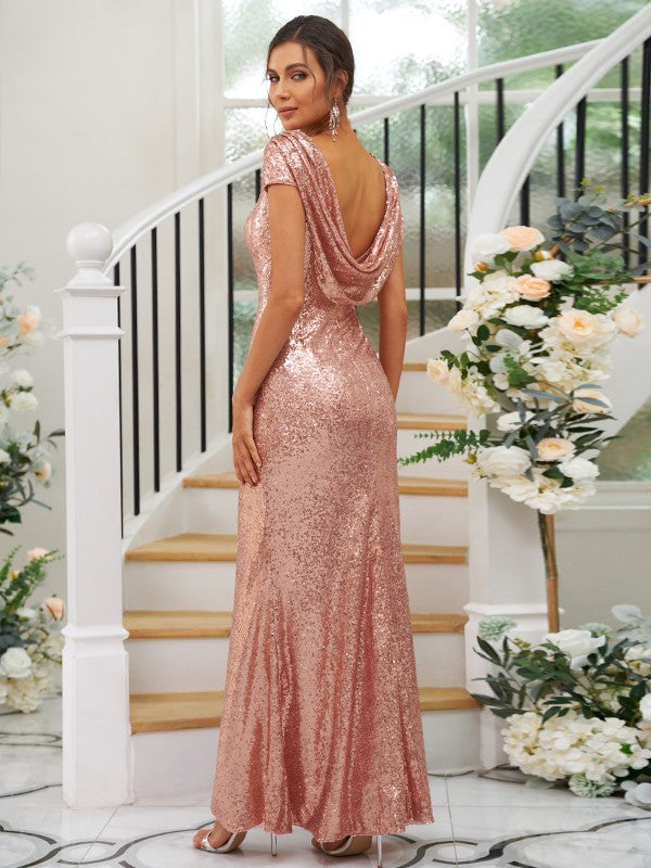 Sheath/Column Sequins Ruched Scoop Short Sleeves Floor-Length Bridesmaid Dresses Evening Dress