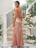 Sheath/Column Sequins Ruched Scoop Short Sleeves Floor-Length Bridesmaid Dresses Evening Dress