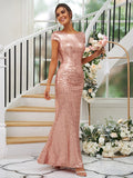 Sheath/Column Sequins Ruched Scoop Short Sleeves Floor-Length Bridesmaid Dresses Evening Dress