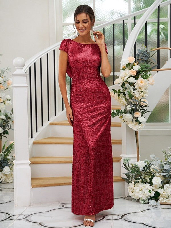 Sheath/Column Sequins Ruched Scoop Short Sleeves Floor-Length Bridesmaid Dresses Evening Dress