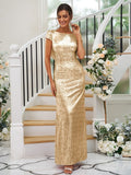 Sheath/Column Sequins Ruched Scoop Short Sleeves Floor-Length Bridesmaid Dresses Evening Dress
