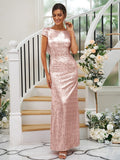Sheath/Column Sequins Ruched Scoop Short Sleeves Floor-Length Bridesmaid Dresses Evening Dress