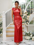 Sheath/Column Sequins Ruched Scoop Short Sleeves Floor-Length Bridesmaid Dresses Evening Dress