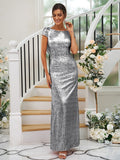 Sheath/Column Sequins Ruched Scoop Short Sleeves Floor-Length Bridesmaid Dresses Evening Dress