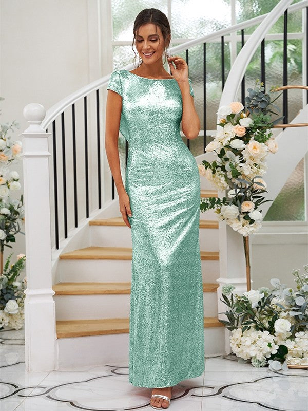 Sheath/Column Sequins Ruched Scoop Short Sleeves Floor-Length Bridesmaid Dresses Evening Dress