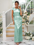 Sheath/Column Sequins Ruched Scoop Short Sleeves Floor-Length Bridesmaid Dresses Evening Dress