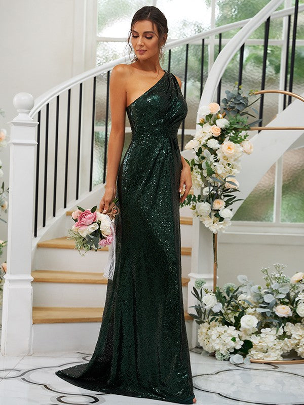 Sheath/Column Sequins Ruched One-Shoulder Sleeveless Sweep/Brush Train Bridesmaid Dresses Evening Dress