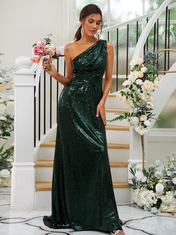 Sheath/Column Sequins Ruched One-Shoulder Sleeveless Sweep/Brush Train Bridesmaid Dresses Evening Dress