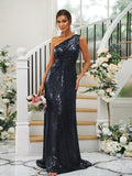 Sheath/Column Sequins Ruched One-Shoulder Sleeveless Sweep/Brush Train Bridesmaid Dresses Evening Dress