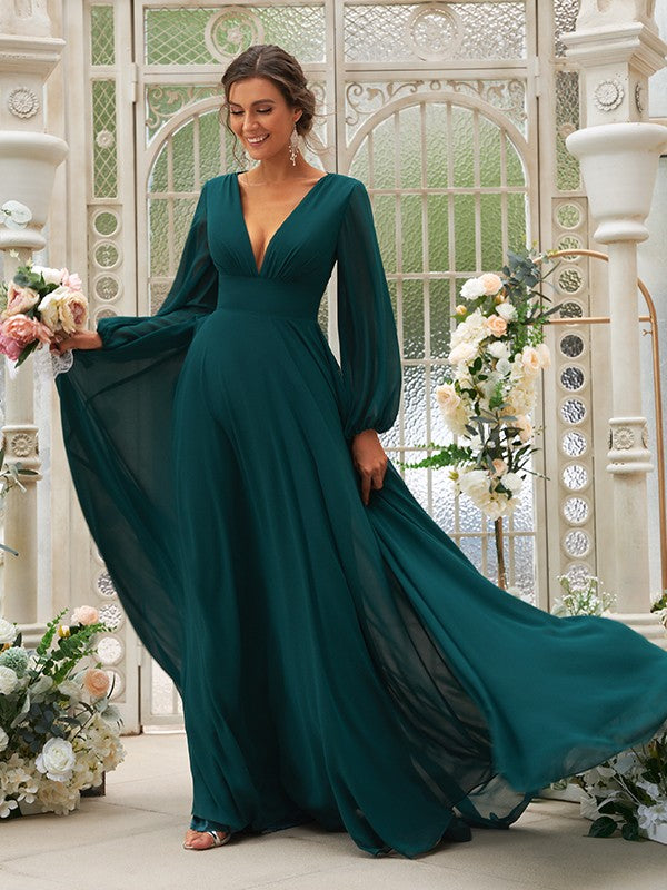 Vestido de dama de honor de corte A/princesa, de gasa, con volantes, escote en V, mangas largas y cola larga, vestido para madre de la novia