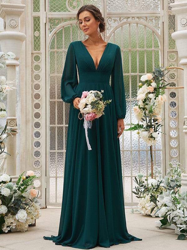 Vestido de dama de honor de corte A/princesa, de gasa, con volantes, escote en V, mangas largas y cola larga, vestido para madre de la novia