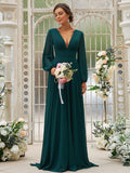 Vestido de dama de honor de corte A/princesa, de gasa, con volantes, escote en V, mangas largas y cola larga, vestido para madre de la novia