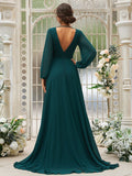 Vestido de dama de honor de corte A/princesa, de gasa, con volantes, escote en V, mangas largas y cola larga, vestido para madre de la novia