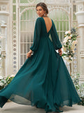Vestido de dama de honor de corte A/princesa, de gasa, con volantes, escote en V, mangas largas y cola larga, vestido para madre de la novia