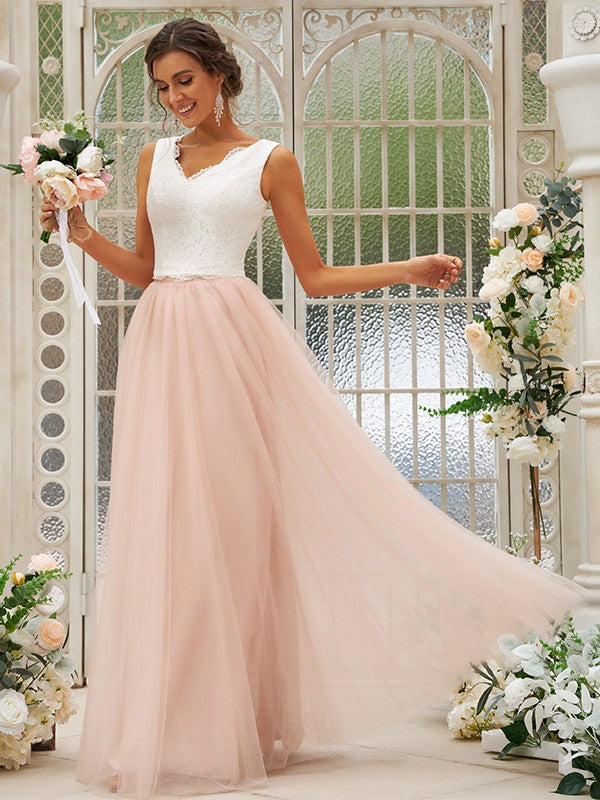 Vestido de noche de dos piezas para dama de honor, corte A/princesa, con tul, encaje, escote en V, sin mangas y largo hasta el suelo
