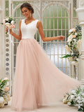 Vestido de noche de dos piezas para dama de honor, corte A/princesa, con tul, encaje, escote en V, sin mangas y largo hasta el suelo