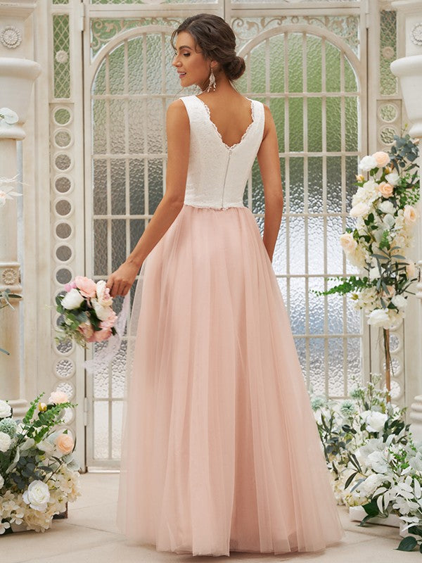 Vestido de noche de dos piezas para dama de honor, corte A/princesa, con tul, encaje, escote en V, sin mangas y largo hasta el suelo