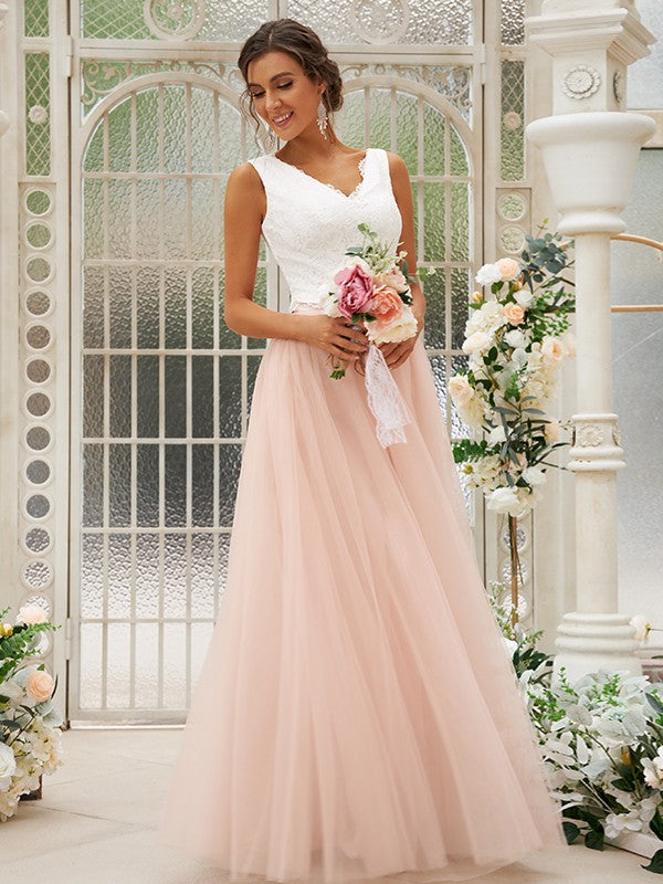 Vestido de noche de dos piezas para dama de honor, corte A/princesa, con tul, encaje, escote en V, sin mangas y largo hasta el suelo