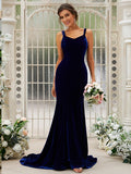 Trumpet/Mermaid Velvet Ruffles Straps Sleeveless Sweep/Brush Train Bridesmaid Dresses Evening Dress