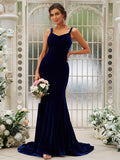 Trumpet/Mermaid Velvet Ruffles Straps Sleeveless Sweep/Brush Train Bridesmaid Dresses Evening Dress
