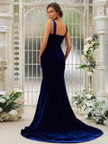 Trumpet/Mermaid Velvet Ruffles Straps Sleeveless Sweep/Brush Train Bridesmaid Dresses Evening Dress