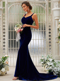 Trumpet/Mermaid Velvet Ruffles Straps Sleeveless Sweep/Brush Train Bridesmaid Dresses Evening Dress
